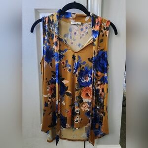 Beacon Floral Sleeveless V-Neck Top in Mustard Gold/Yellow W Blue Floral Print